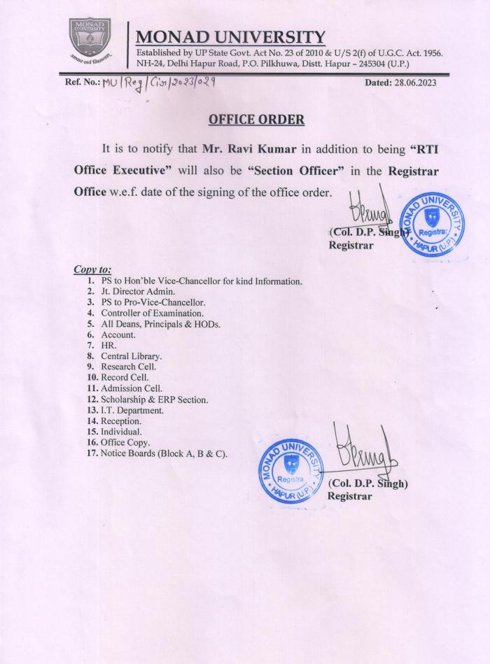 Section Officer in Registrar Office (Circular 029)